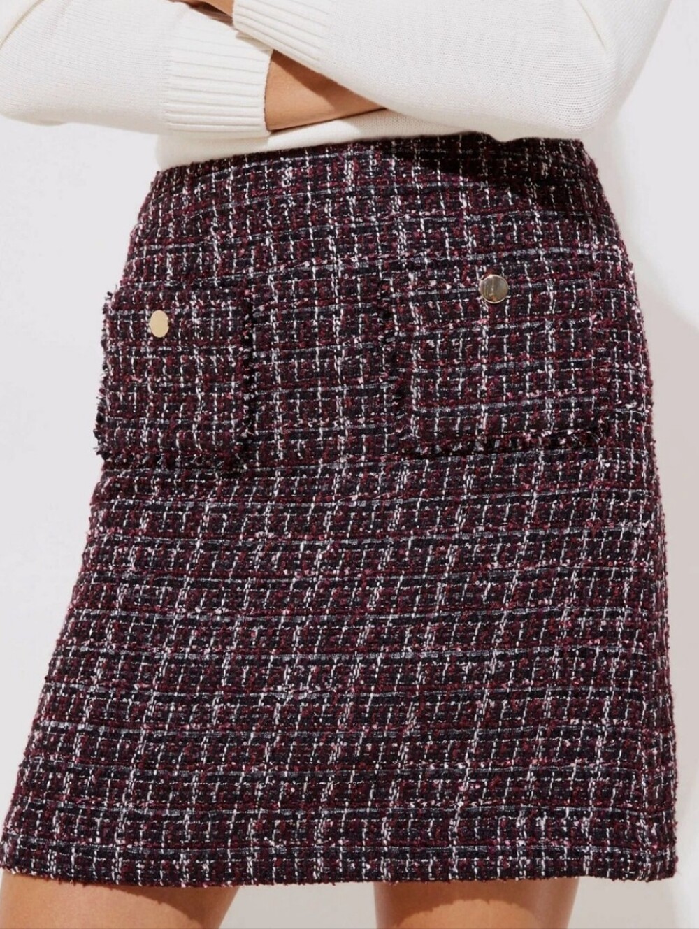 LOFT Burgundy Tweed Boucle Mini Skirt with Gold Buttons 12